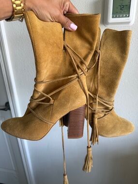 Zara Tan Suede Tassel Mid-Calf Heeled Boots
